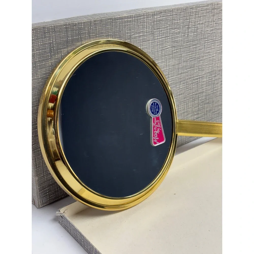 Vintage Golg Tone Vanity Hand Mirror Triple Magnifying West Germany New